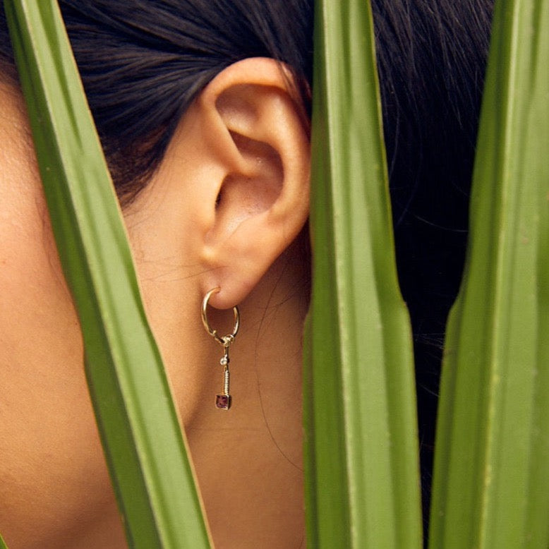 Single Gold Hoop and Square Stone Earring